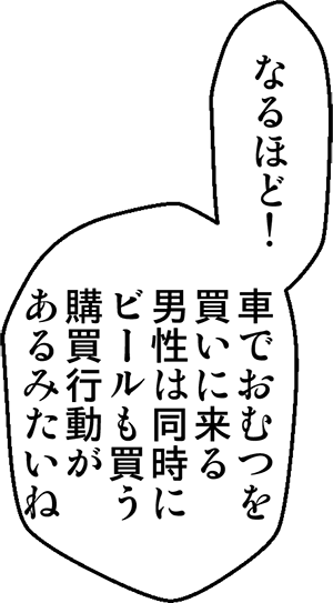 なるほど！車でおむつを買いに来る男性は同時にビールも買う購買行動があるみたいね